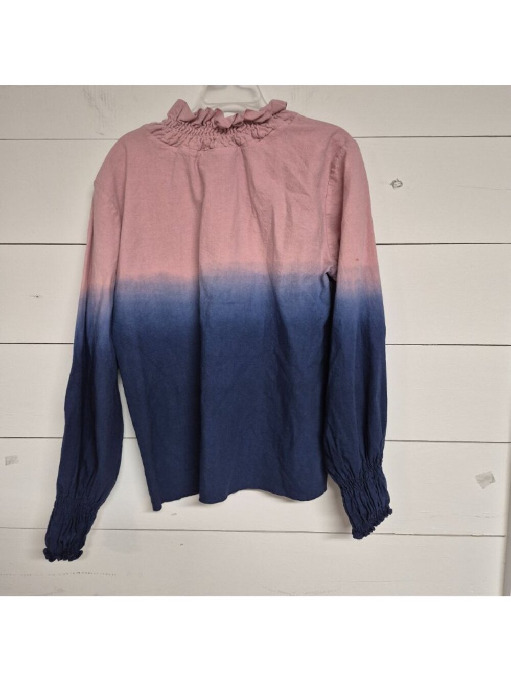 ErgoLUX Pink & Navy Long Sleeve Top W/ Ruffle Neckline & Smocked Cuffs XL - Picture 4 of 6